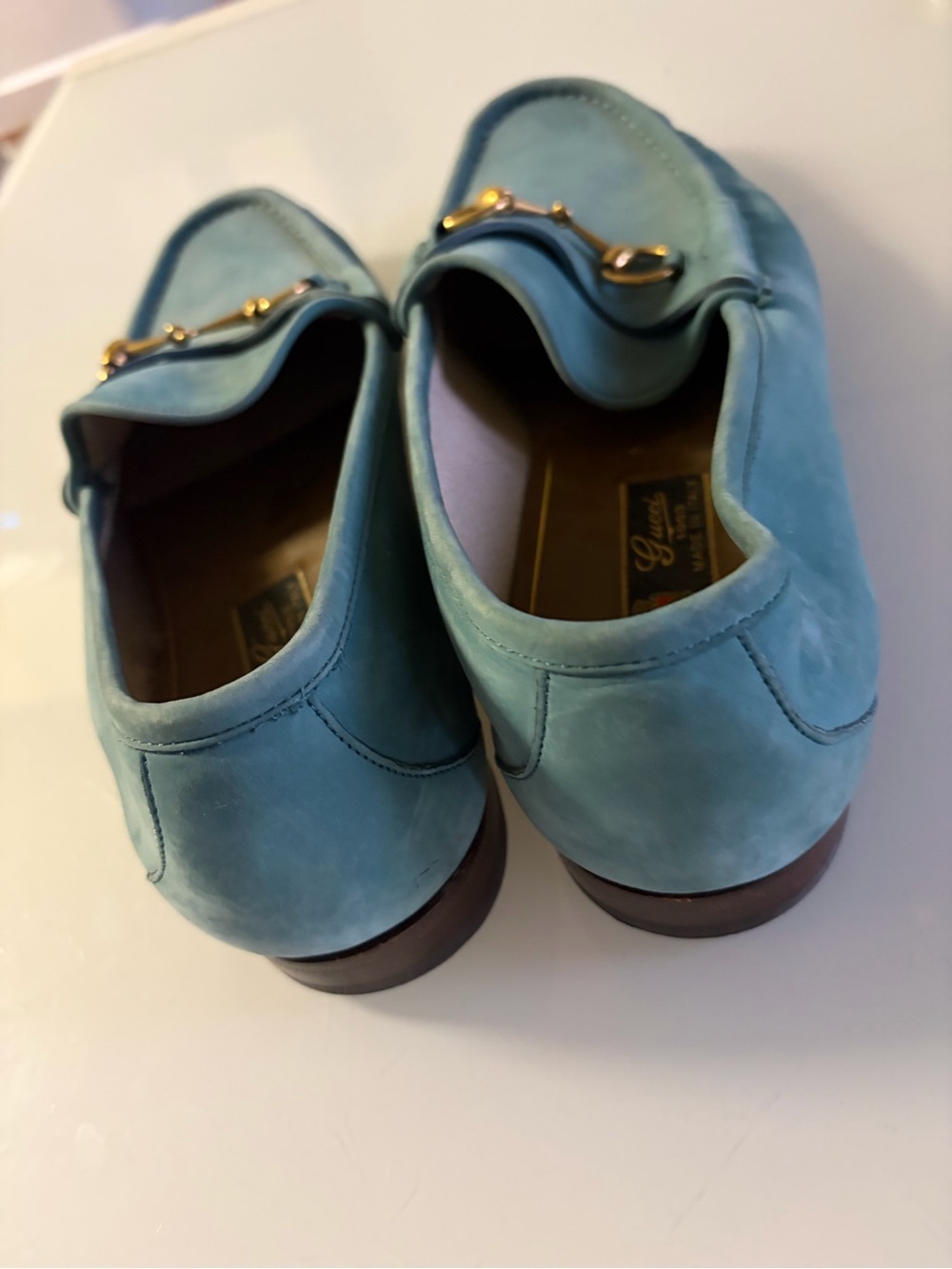 Gucci Teal Suede Horsebit Loafers with Gold Hardware
